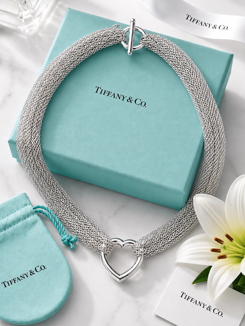 Tiffany & Co Silver Multi Strand Mesh Heart Necklace Pendant Rare Statement 16”